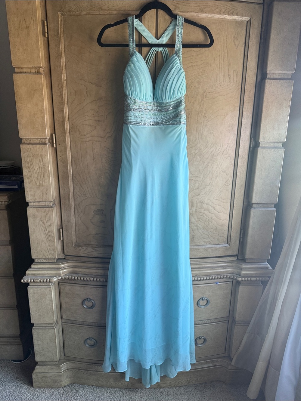 Camille La Vie 🔥 Aqua Halter Evening Gown with Beaded Waist $SRP 299